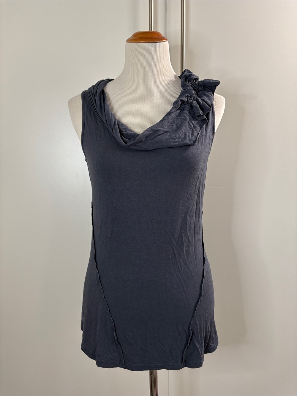 Noa Noa Sleeveless Steel Blue Cowl Neck Tank with Shoulder Rosette M